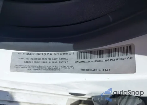 2017 Maserati Ghibli из США, поврежденный, VIN ZAM57XSA2H1206194